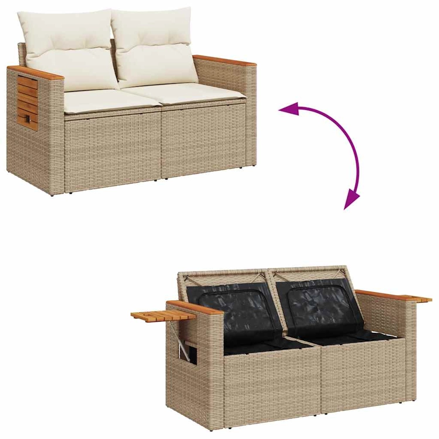 Beige vidaXL Garten-Sofagarnitur aus Rattan mit Kissen und Stauraum, modulare Bauweise.