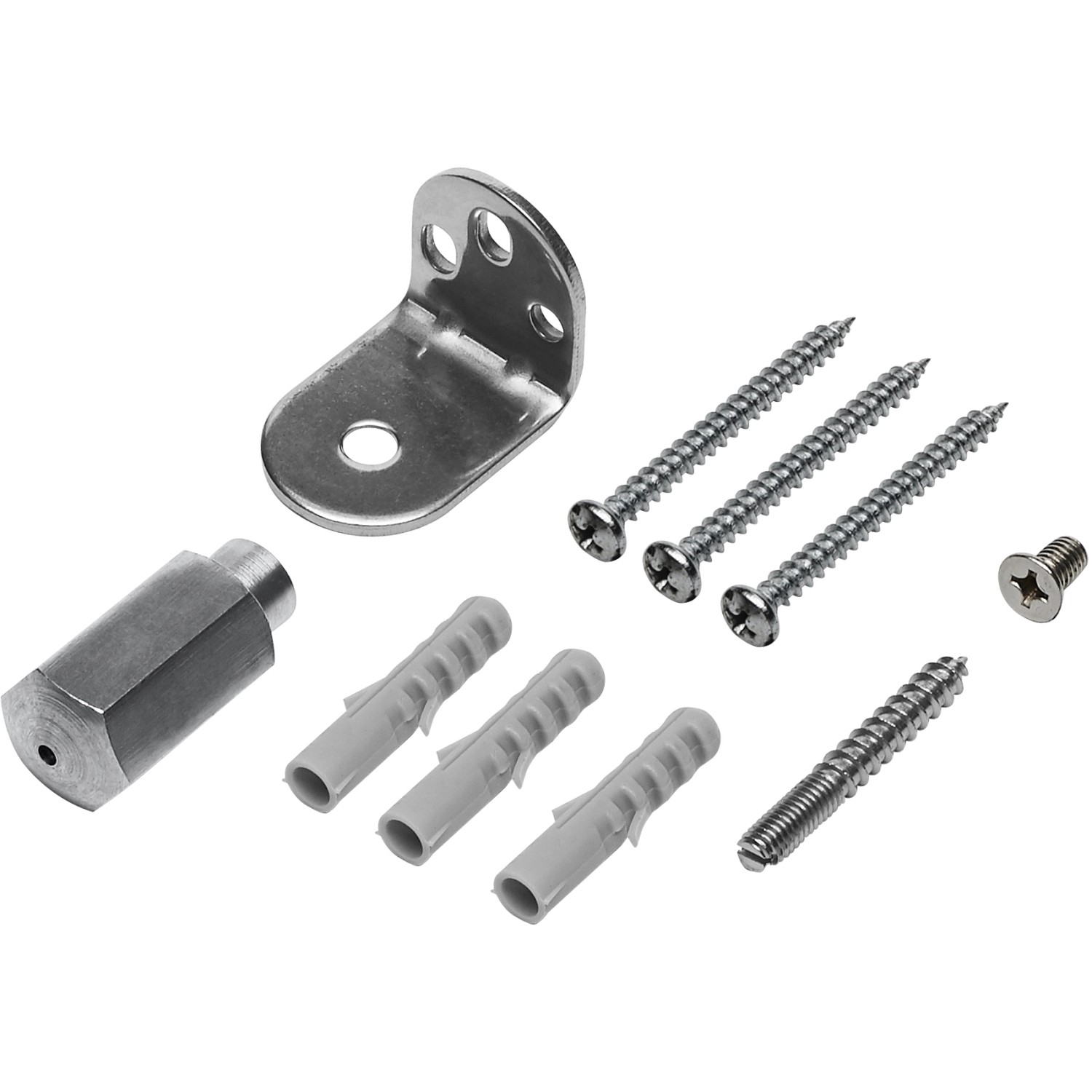 Spannelement-Set für Sonnensegel: Edelstahlwinkel, Schrauben, Dübel und Spannelement für die Befestigung.
