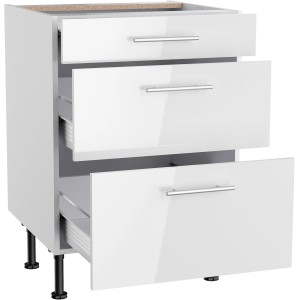 Optifit Unterschrank Rurik986 mit 3 Auszügen, 60 cm breit, in Weiß. Küchenunterschrank mit Edelstahlgriffen.
