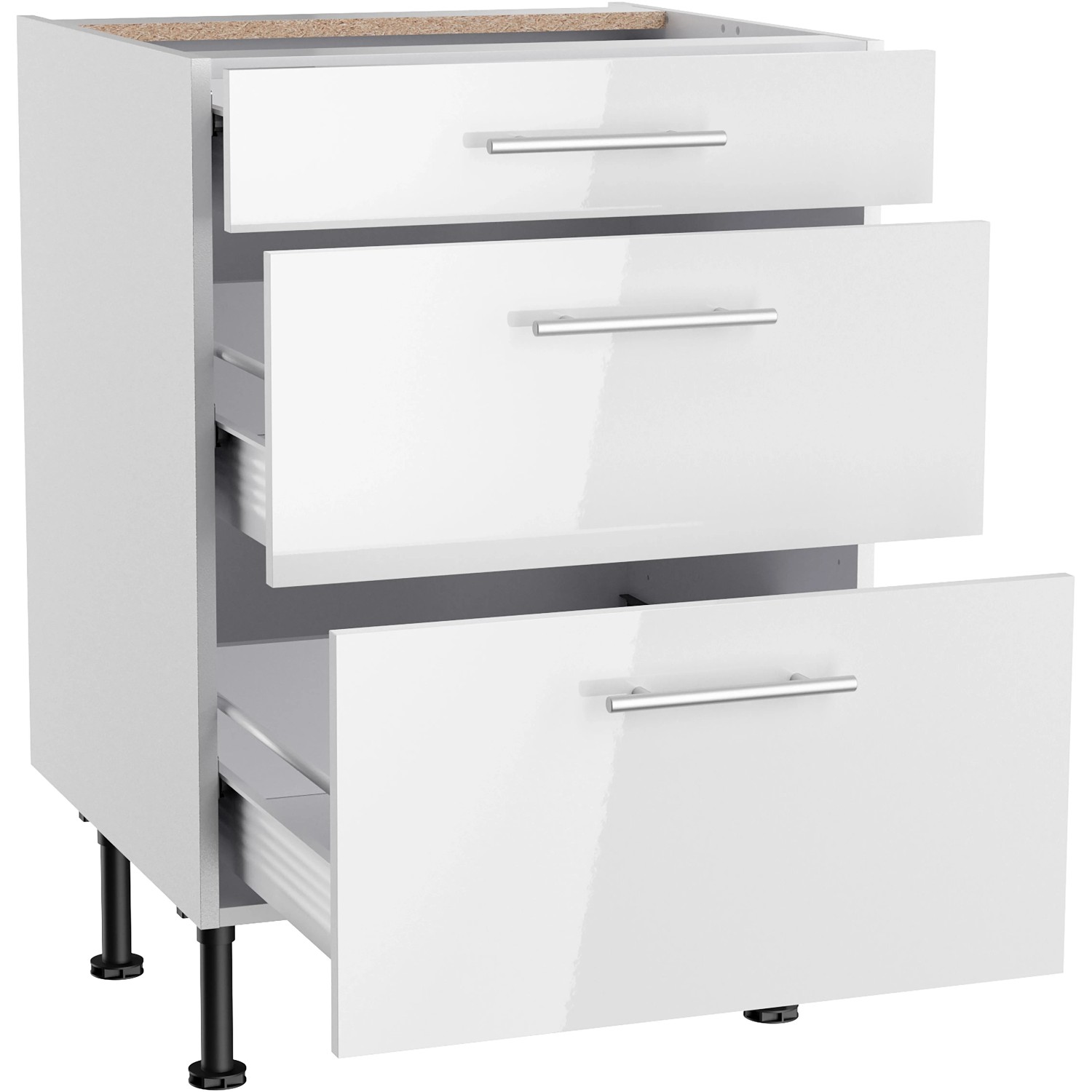 Optifit Unterschrank Rurik986 mit 3 Auszügen, 60 cm breit, in Weiß. Küchenunterschrank mit Edelstahlgriffen.