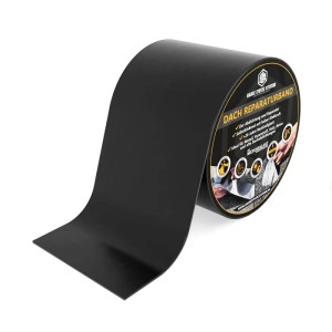 Schwarzes HSS Dach Reparaturband, 10 cm breit, aufgerollt. Ideal für Bauabdichtungen, wasserdicht und witterungsbeständig.