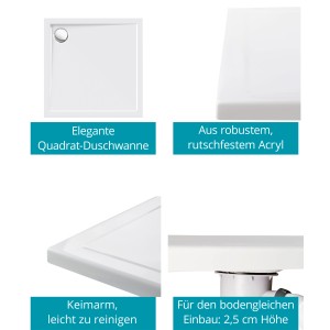 Quadratische, flache Duschwanne 90x90 cm aus Acryl im Set mit Ablaufgarnitur und Wannenträger.