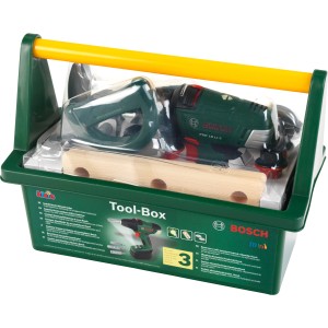 Bosch Werkzeug-Box mit Akkuschrauber als Spielzeug für Kinder, inklusive Hammer, Säge und Schrauben.
