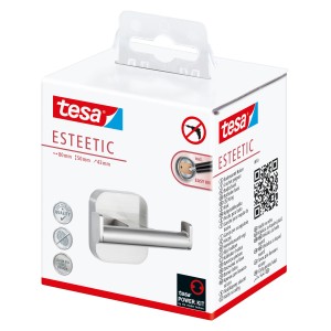 Tesa Esteetic Doppelhaken Edelstahloptik, Handtuchhalter zur Wandmontage ohne Bohren.