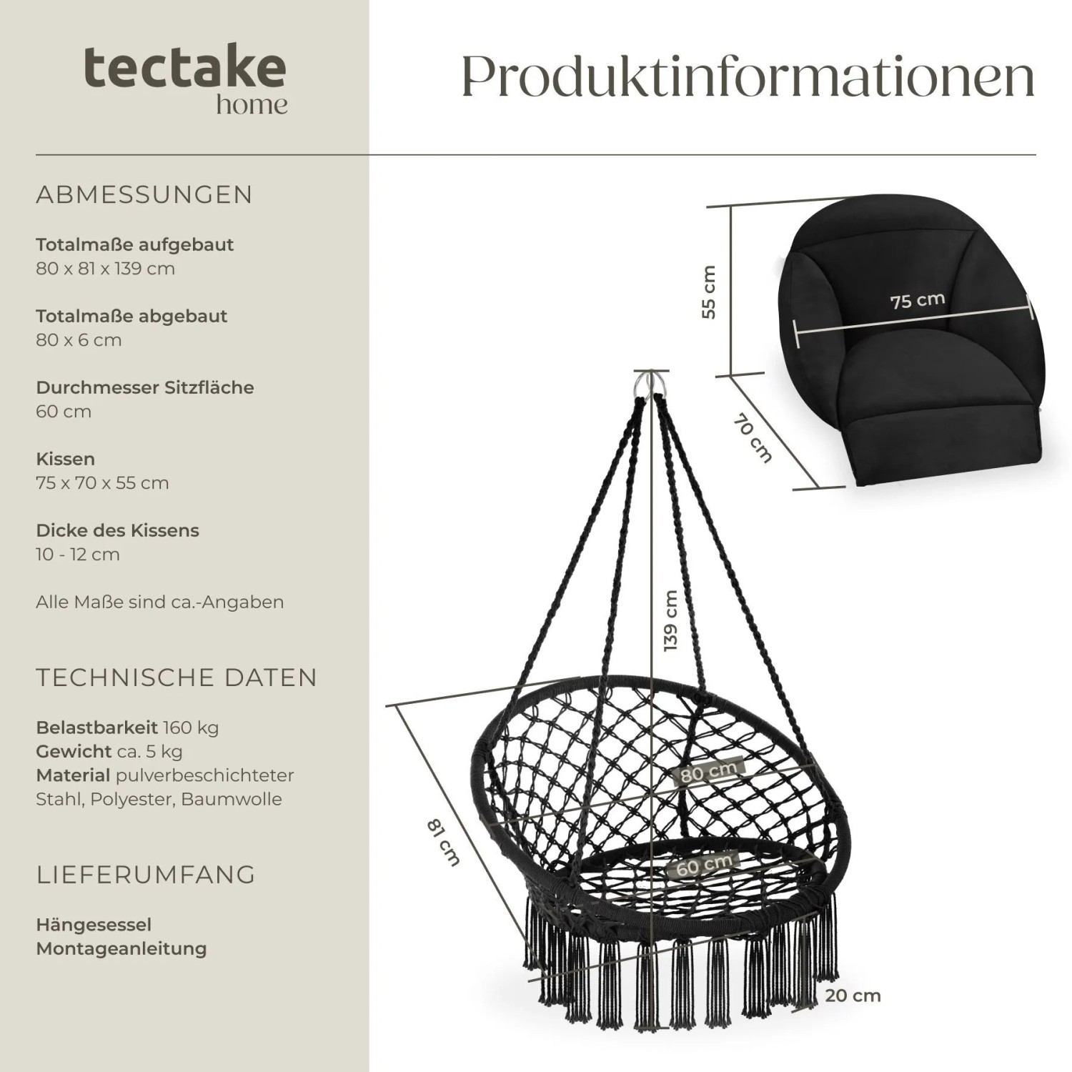 Tectake Hängesessel Samira Mit Dickem Sitzkissen Stabile Halteseile 81 x 80 x 139 cm Schwarz_6