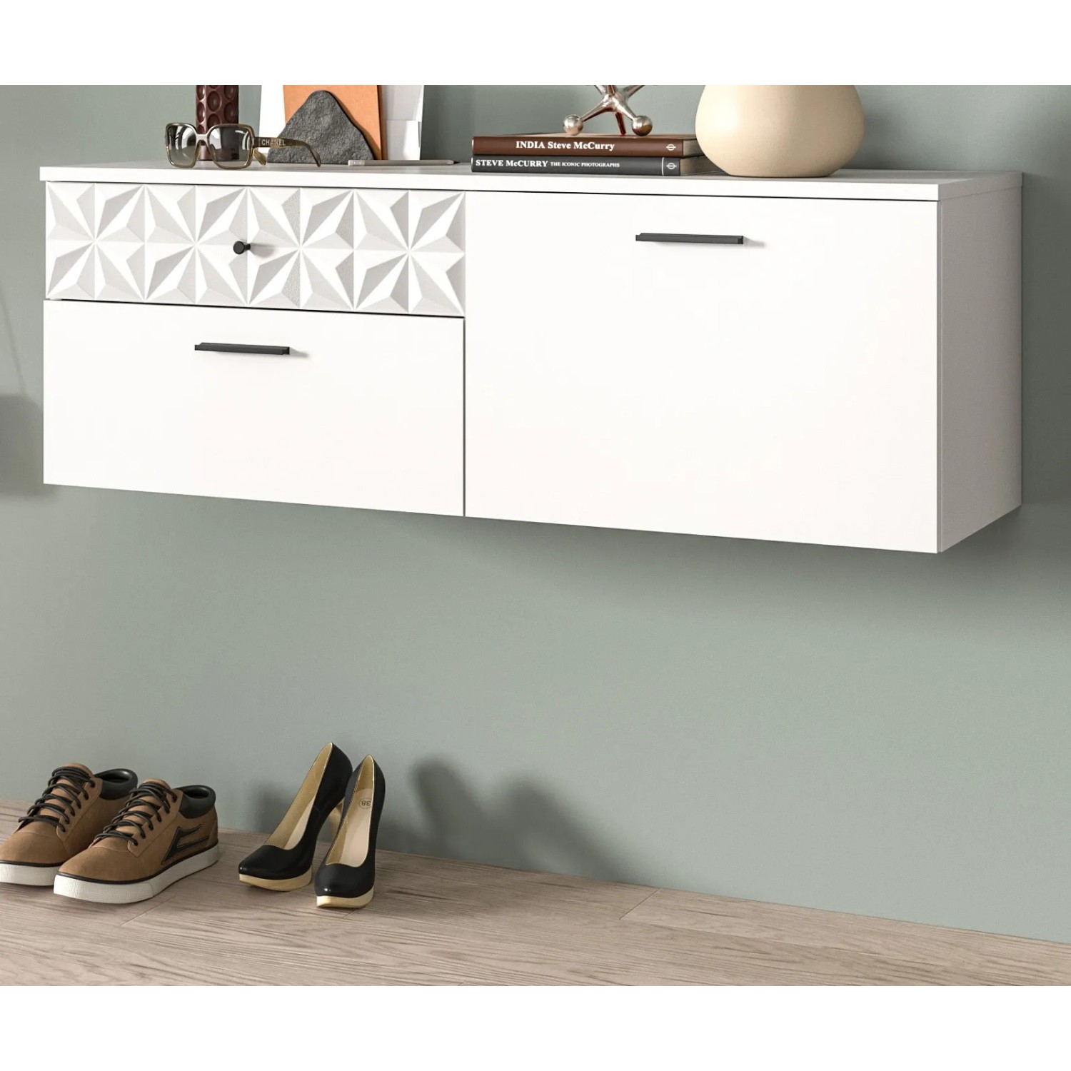 Inn.Furn Schuhschrank Hängend in Weiß Hochglanz 110 cm Relief_5