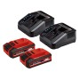 Einhell Power X-Change: Zwei Akkus und Ladegeräte für Akku-Rasenmäher und weitere Geräte.