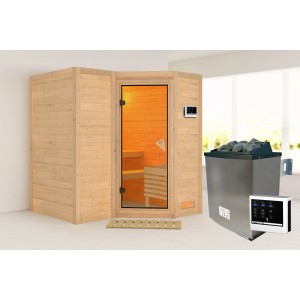 Woodfeeling Sauna-Set Steena 1 mit Ofen und Steuerung. Massivholzsauna mit Glastür und Saunaofen.
