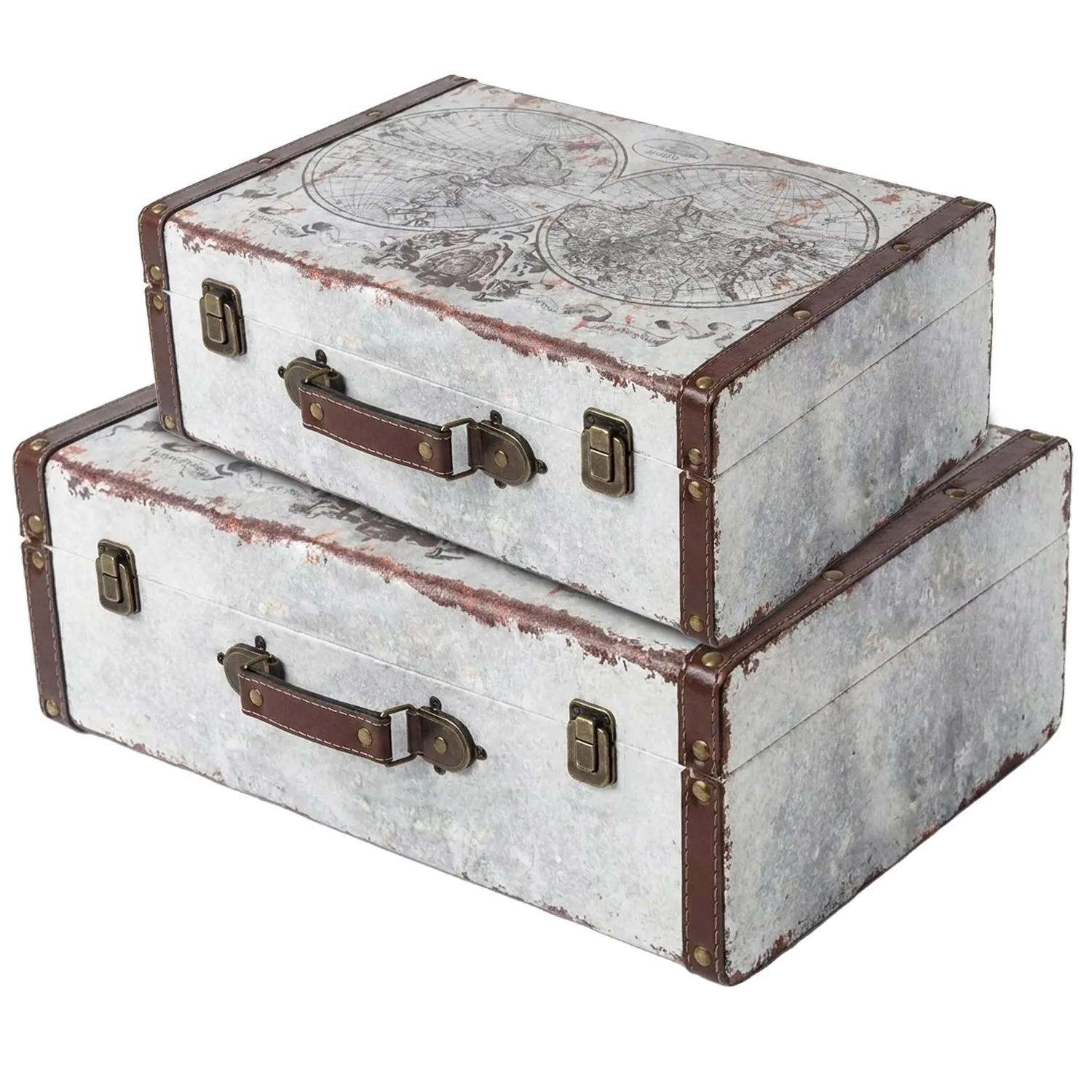 HMF VKO101 Vintage Vintage Koffer Truhe Holzkiste Holz 2er Set Versch Größen Deko Weltkarte