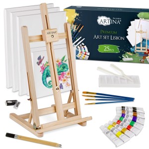 Artina Lisbon Malset mit Staffelei, Acrylfarben, Leinwänden und Pinseln (25-teilig).