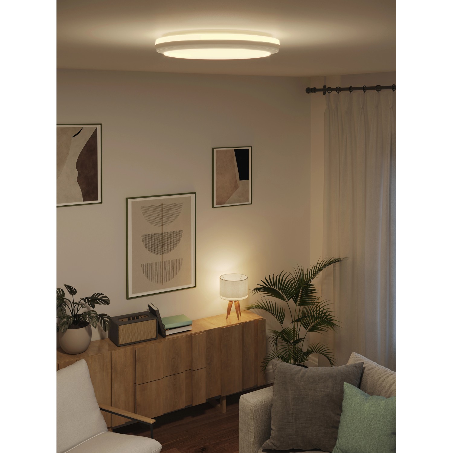 Moderne LED-Deckenleuchte in Chrom-Optik, rund, für Wohn- und Schlafbereich. Lichtfarbe einstellbar.