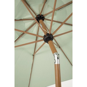 Detailaufnahme des PALINURO Balkonschirms mit Holzoptik und hellgrünem Schirmdach.