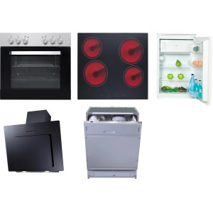 Flex-Well Küchengeräte-Set 10: Einbauherd, Kochfeld, Kühlschrank, Geschirrspüler und Dunstabzugshaube.