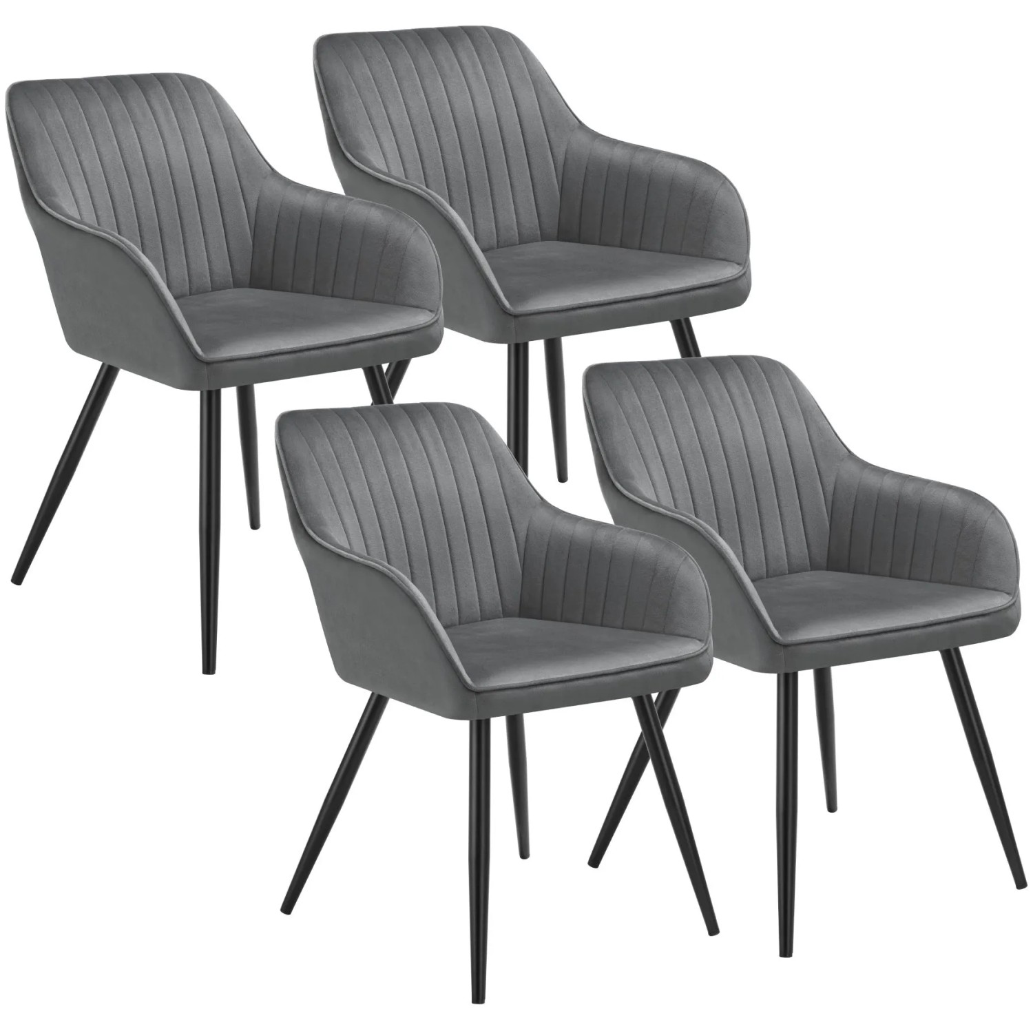 Tectake Esszimmerstuhl Marilyn Gepolstert  In Samtoptik  Gesteppt Durchgehende Lehne 4Er Set 62 x 58 x 82 cm Grau Schwarz