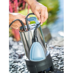 Tauchpumpe 1100 W für Schmutzwasser mit Schwimmerschalter und Tragegriff.