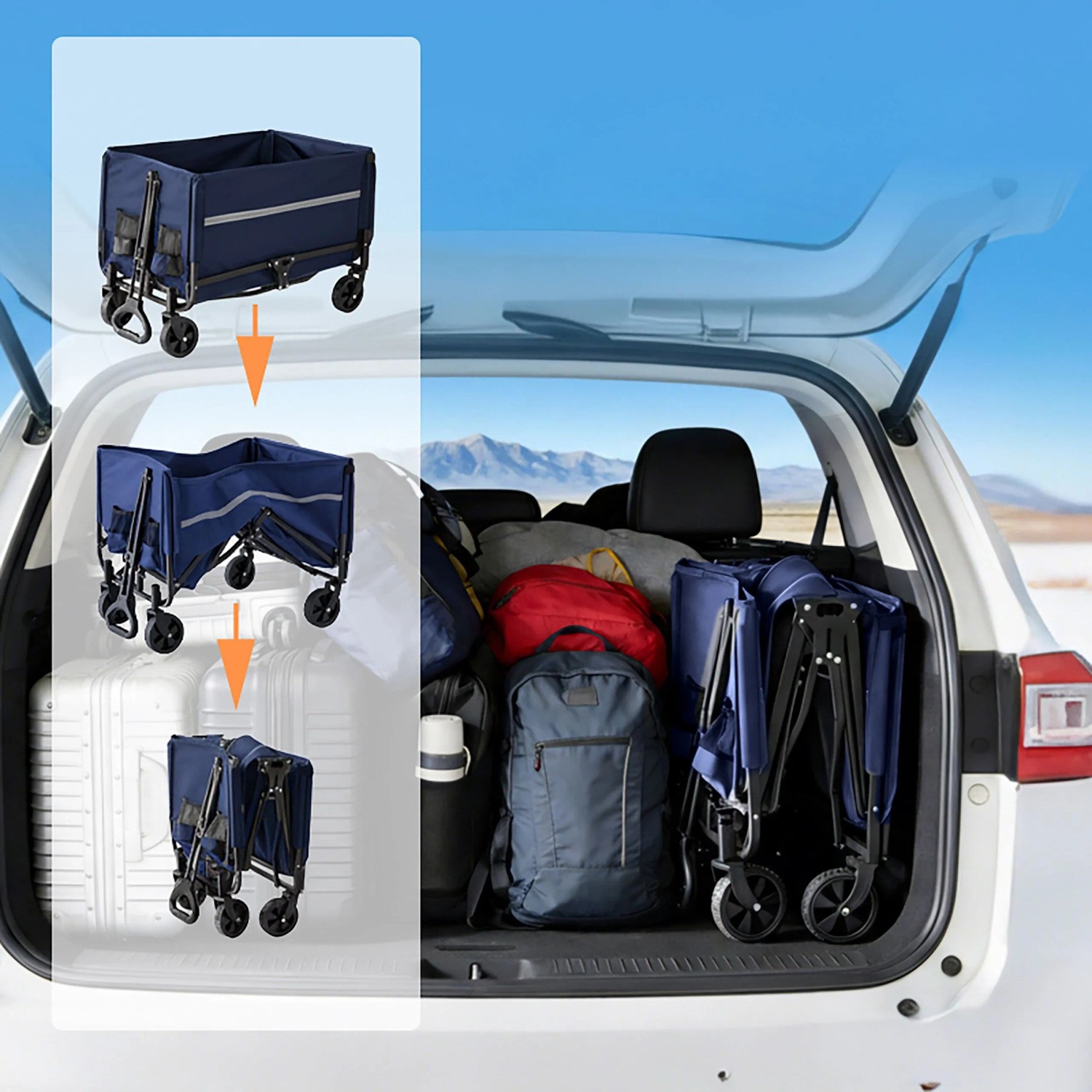 Blauer Relaxdays Bollerwagen aus Stahl, faltbar, im Kofferraum, für Camping & Freizeit.
