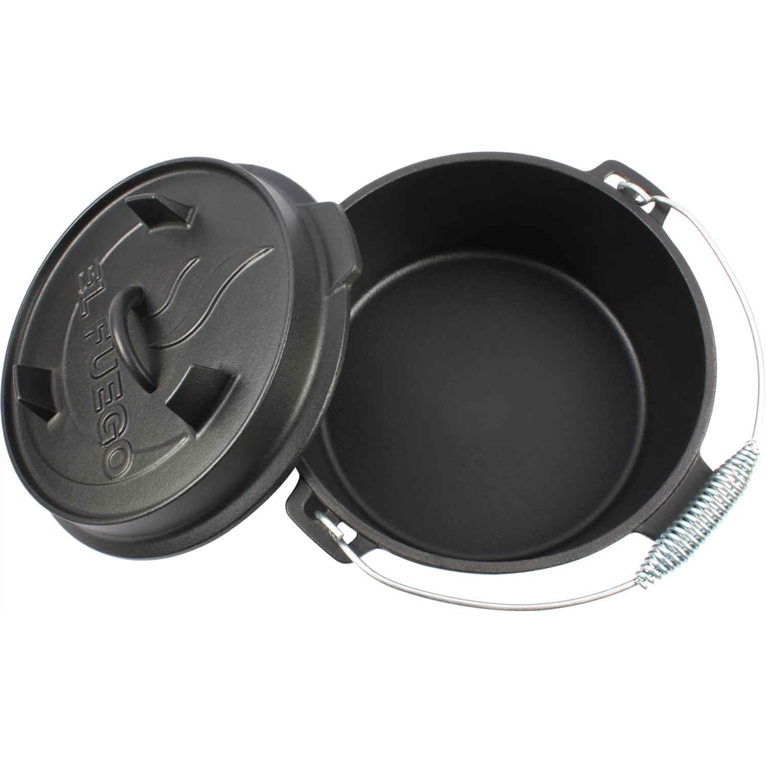 El Fuego Dutch Oven aus Gusseisen, 3,5 l Topf, 1 l Deckel, schwarz, mit Tragebügel.