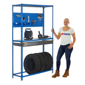 Blaues PROREGAL Reifenregal mit Arbeitsfläche, Schubfach und 6 Reifen. Ideal für Werkstatt und Garage.