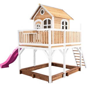 Axi Liam Spielhaus mit lila Rutsche, Sandkasten und Leiter. Braun-weißes Holzhaus für Kinder.
