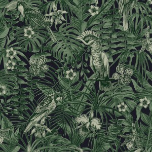 A.S. Création Tapete mit tropischen Blättern, Papageien und Blumen in Grün und Schwarz.