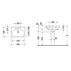 Technische Zeichnung Duravit Waschbecken 60cm Durastyle, Maße und Details.