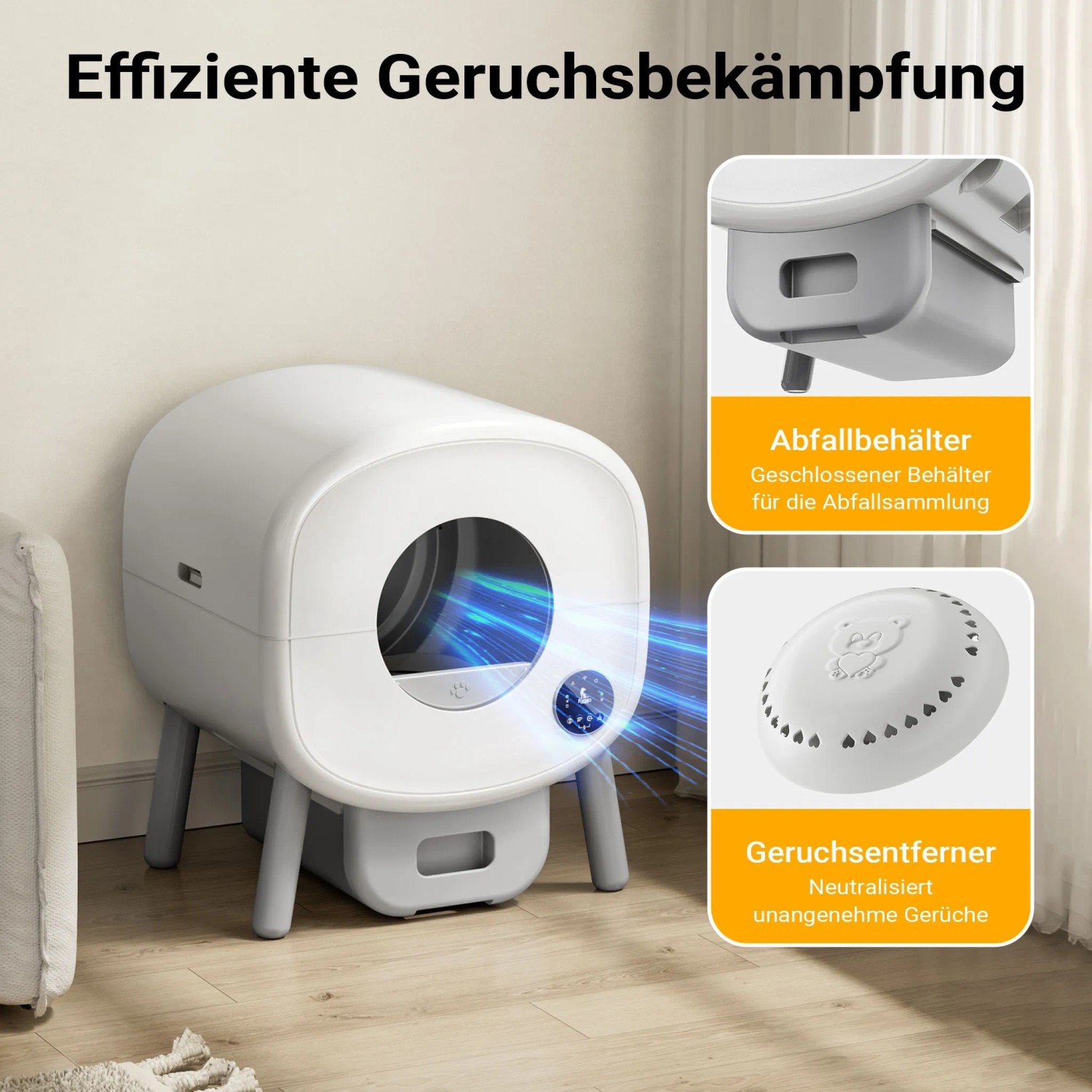 Weiße, automatische Katzentoilette mit Geruchsentferner und Abfallbehälter für effektive Geruchsbekämpfung.