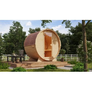 Naturbelassene Karibu Fass-Sauna mit Ofen (9 kW) im Garten. Premium-Qualität für entspannte Wellness-Momente.