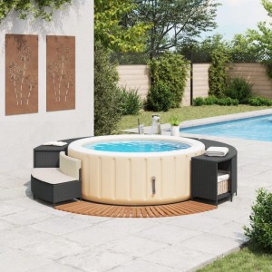 vidaXL Whirlpool Umrandung aus Rattan und Akazie, schwarz. Whirlpool Zubehör mit Bank, Regal und Stufe.