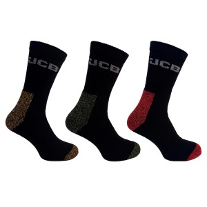 JCB Arbeitssocken Komfort, 3er-Pack in Schwarz mit farbigen Details (Größe 39-43).