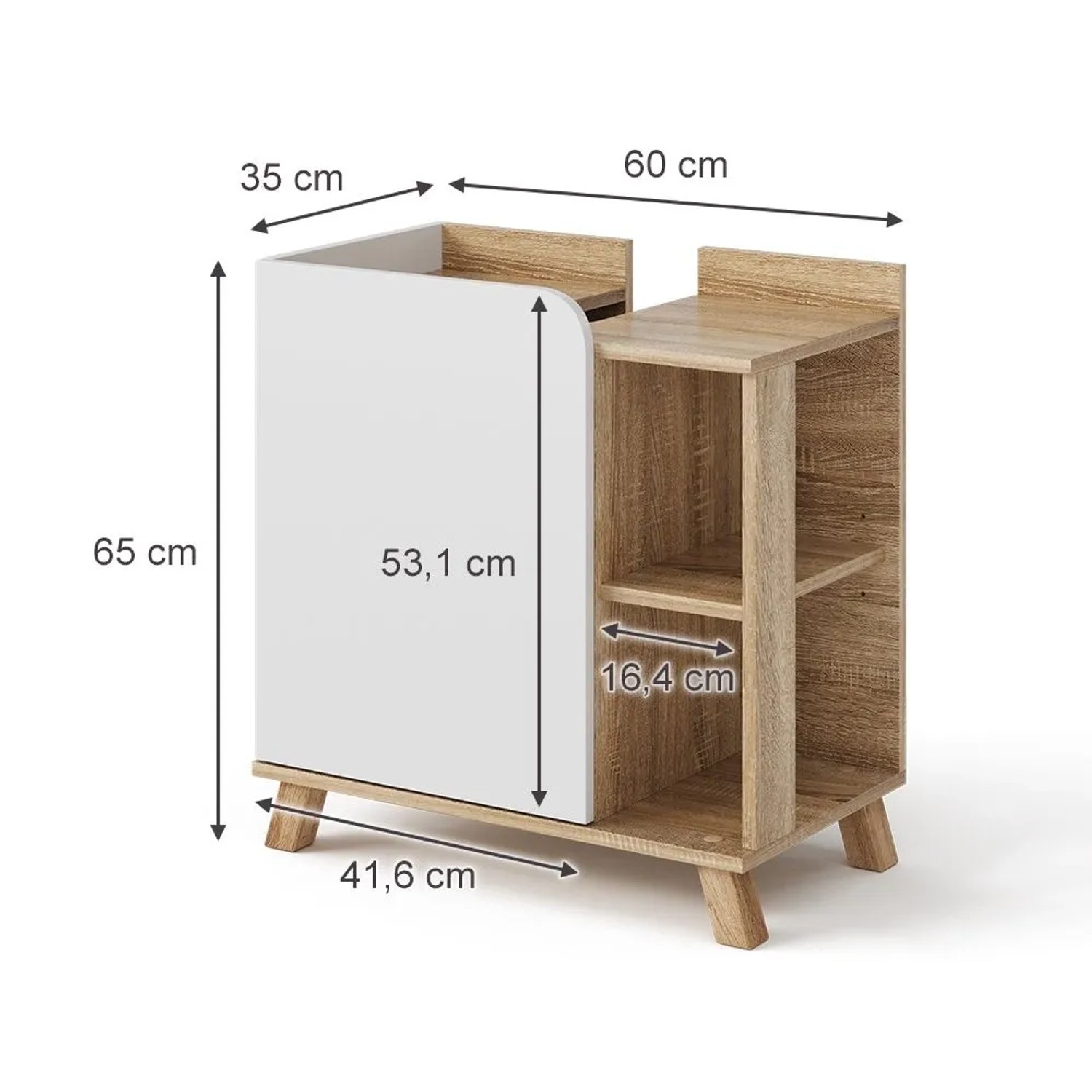 Vicco Waschbeckenunterschrank Karen, Sonoma/Weiß, 60 cm breit, mit Tür und offenen Fächern.