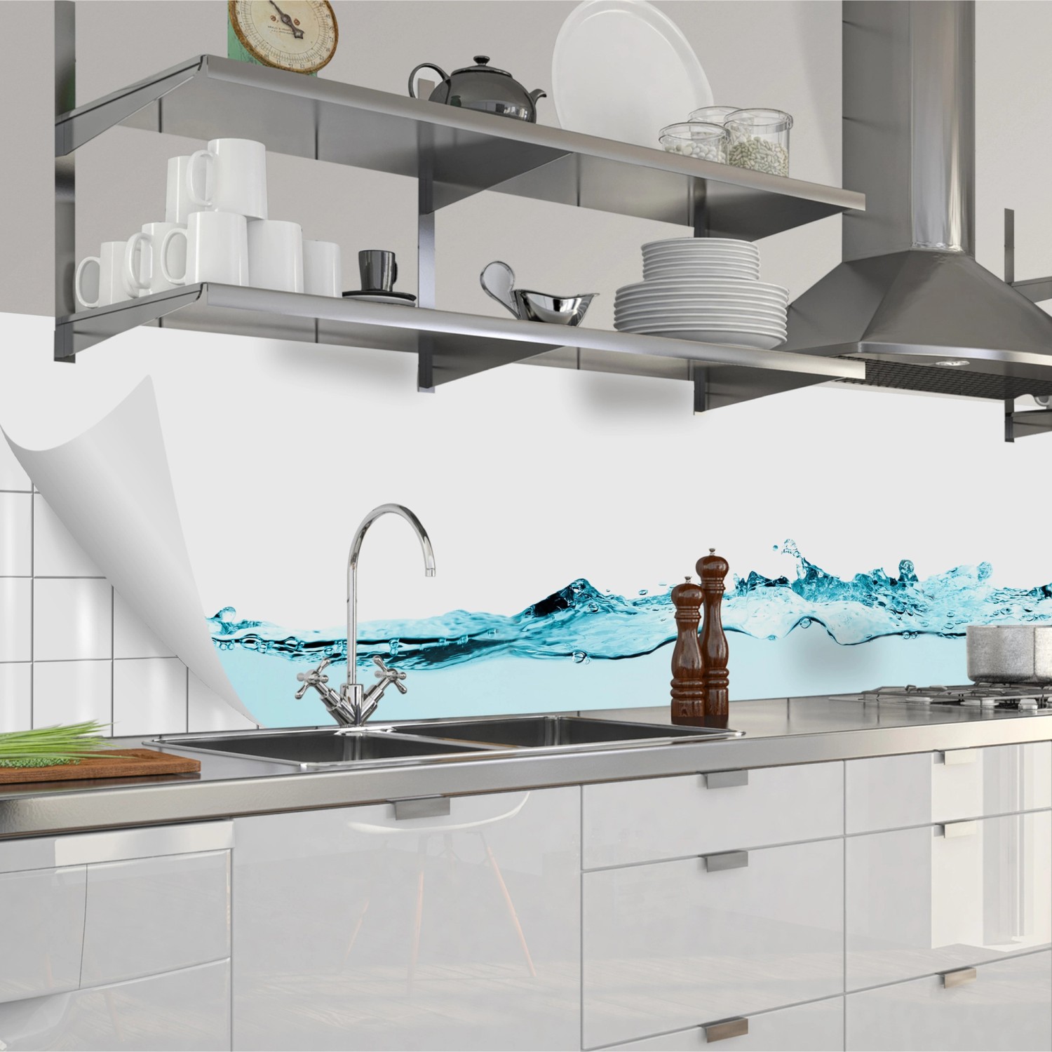 Küchenrückwandfolie Myspotti Wasser, selbstklebend, 280x60 cm, als Spritzschutz in moderner Küche.