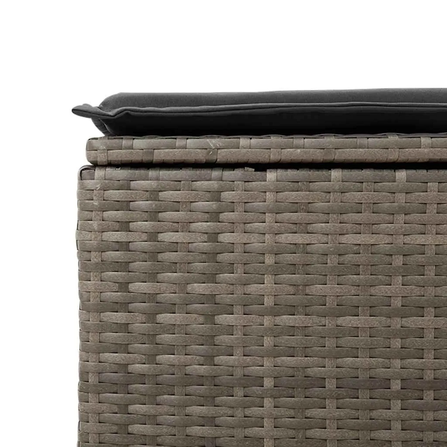 Detailaufnahme: Graues vidaXL Gartenmöbel aus Polyrattan mit dunklem Kissen.