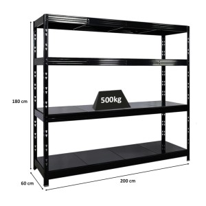 Schwarzes PROREGAL Schwerlastregal Rhino 180x200x60cm mit 4 Stahlplatten-Ebenen und 500kg Fachlast.