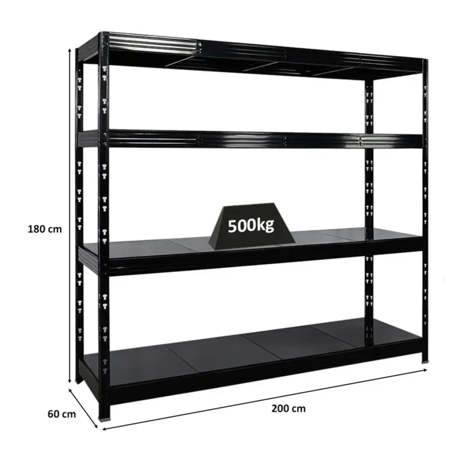 Schwarzes PROREGAL Schwerlastregal Rhino 180x200x60cm mit 4 Stahlplatten-Ebenen und 500kg Fachlast.