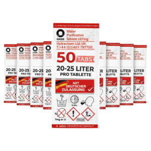 JUNG Oasis Wasseraufbereitungstabletten, 50 Stück, weiß-rote Packung. Für Camping, Outdoor & Trinkwasserentkeimung.