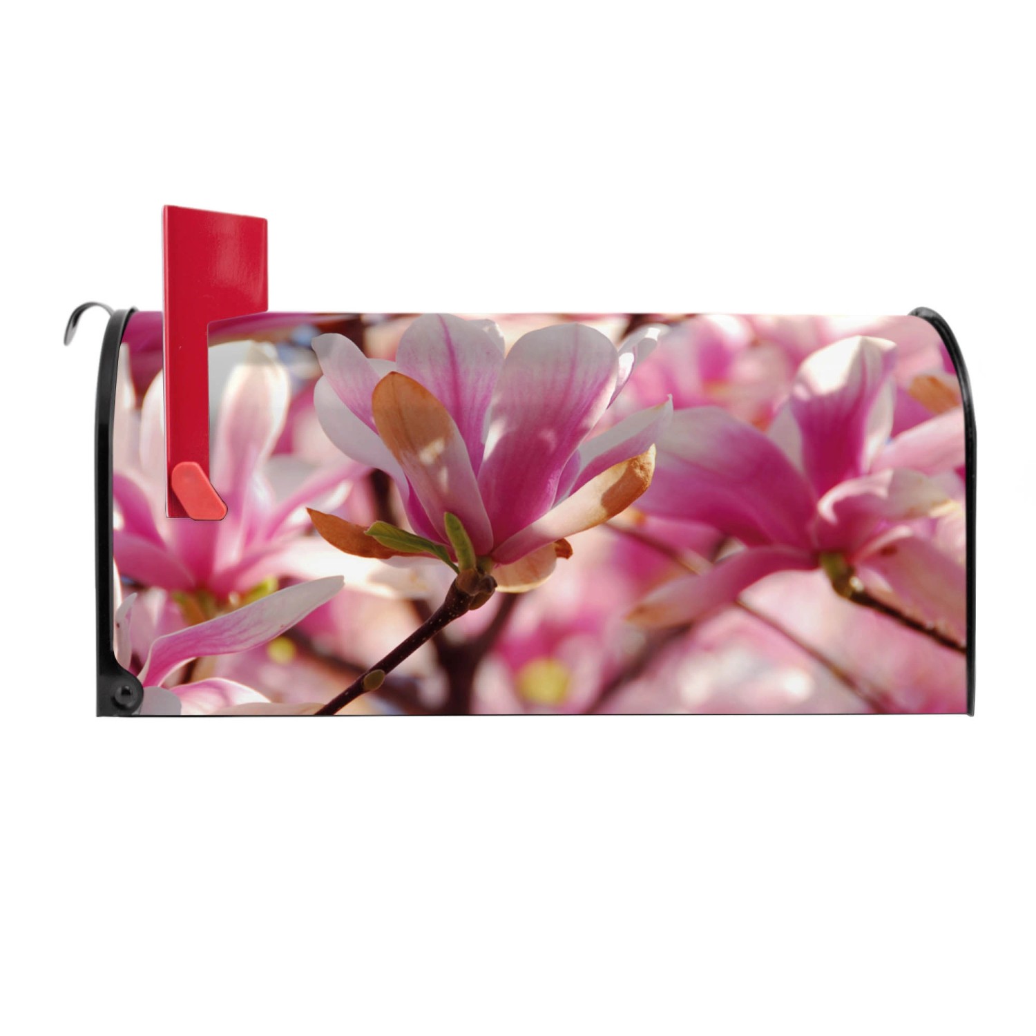Schwarzer US Briefkasten mit Magnolien Motiv, roter Fahne und Stahl Korpus.
