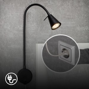 Schwarze Briloner LED Bettleuchte Tusa mit Flexarm, warmweißes Licht für Nachttisch oder Wandmontage.