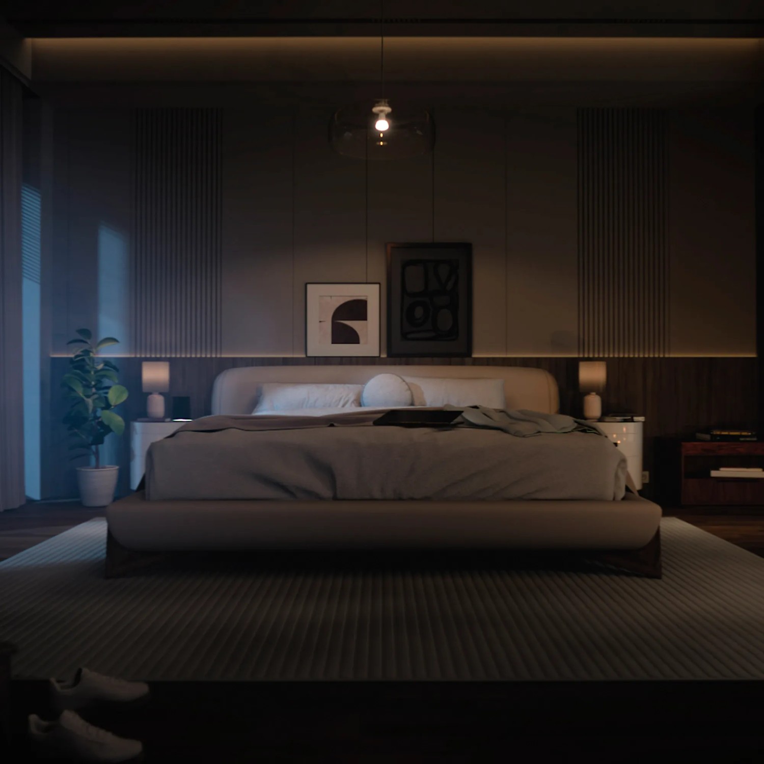 Philips Hue E27 LED-Lampe im Schlafzimmer mit gedimmtem, warmweißem Licht für entspannte Atmosphäre.