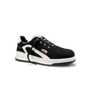 Schwarzer ELTEN Sicherheitshalbschuh BATES XXST BLACK Low ESD S3S mit weißen Akzenten und Sohle. Arbeitsschuh.