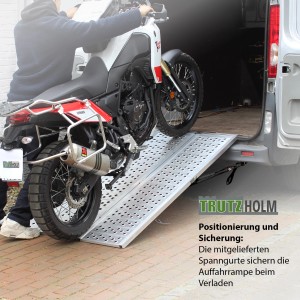 DREIBREIT Auffahrrampe zum Verladen eines Motorrads in einen Transporter. Alu Rampe klappbar, 1020kg Tragkraft.