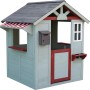 Grau-rot-weißes Kinderspielhaus aus FSC-Tanne mit Briefkasten, Markise und Blumentöpfen.