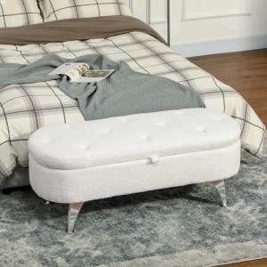 Weiße HOMCOM Sitzbank mit Stauraum, Polyesterbezug und Metallbeinen im Schlafzimmer.