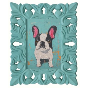 Art Universe Leinwandbild Bully Puppy, 20x25 cm. Schwarz-weißer Hund in geschnitztem, türkisem Rahmen.
