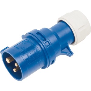 Blauer CEE Caravan-Stecker, 3-polig, 16A, IP44 für Camping, Garten und Werkstatt.