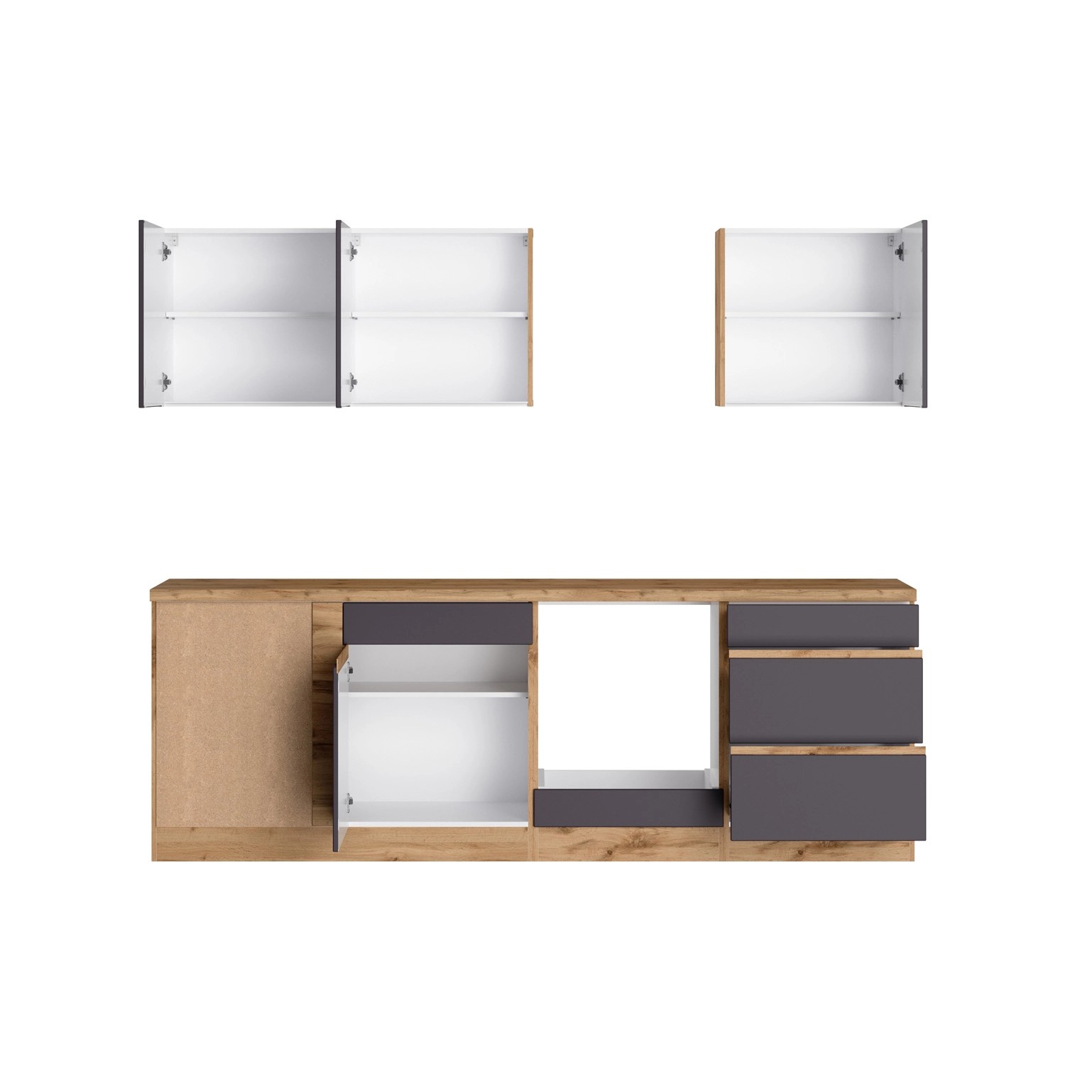 Held Möbel Winkelküche Turin in Graphit und Wotaneiche, ohne E-Geräte, mit offenen Schranktüren.