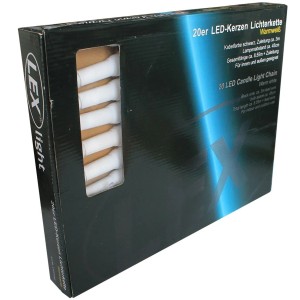 Lex 20er LED Kerzenlichterkette warmweiß in schwarzer Verpackung, für innen & außen, 8,55 m Länge.