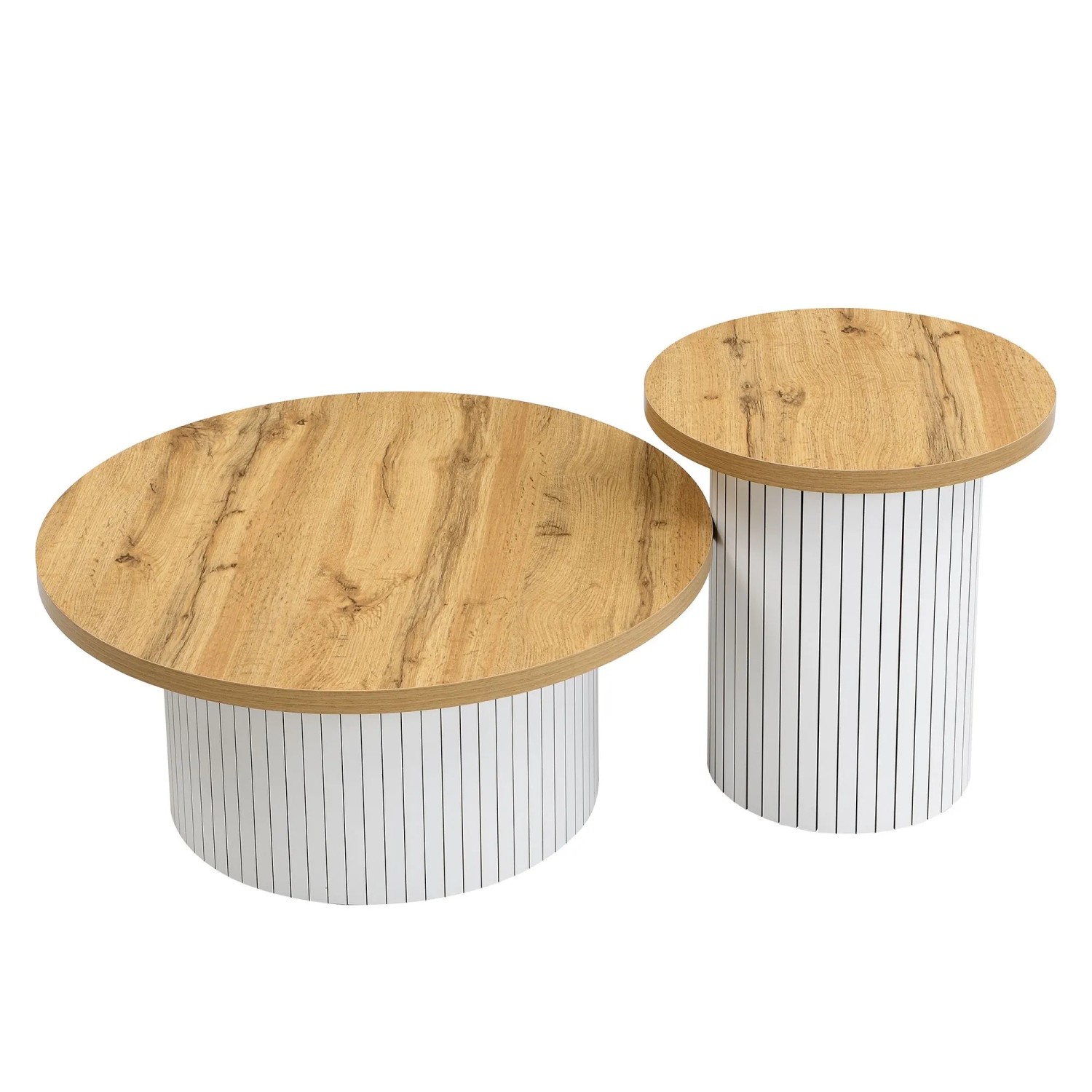 okwish Couchtisch Doppelter Runder Beistelltisch mit Naturholzlatten Wohnzimmertisch Natur/Weiß