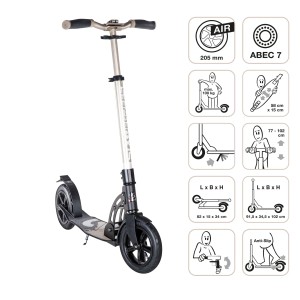 Goldener Six Degrees Aluminium Scooter mit Luftreifen, Klappmechanismus und höhenverstellbarem Lenker.