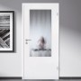 Weißer Skyscope Portal Glaseinsatz ESG Chinchilla in Holztür, 41x142 cm, für Privatsphäre.