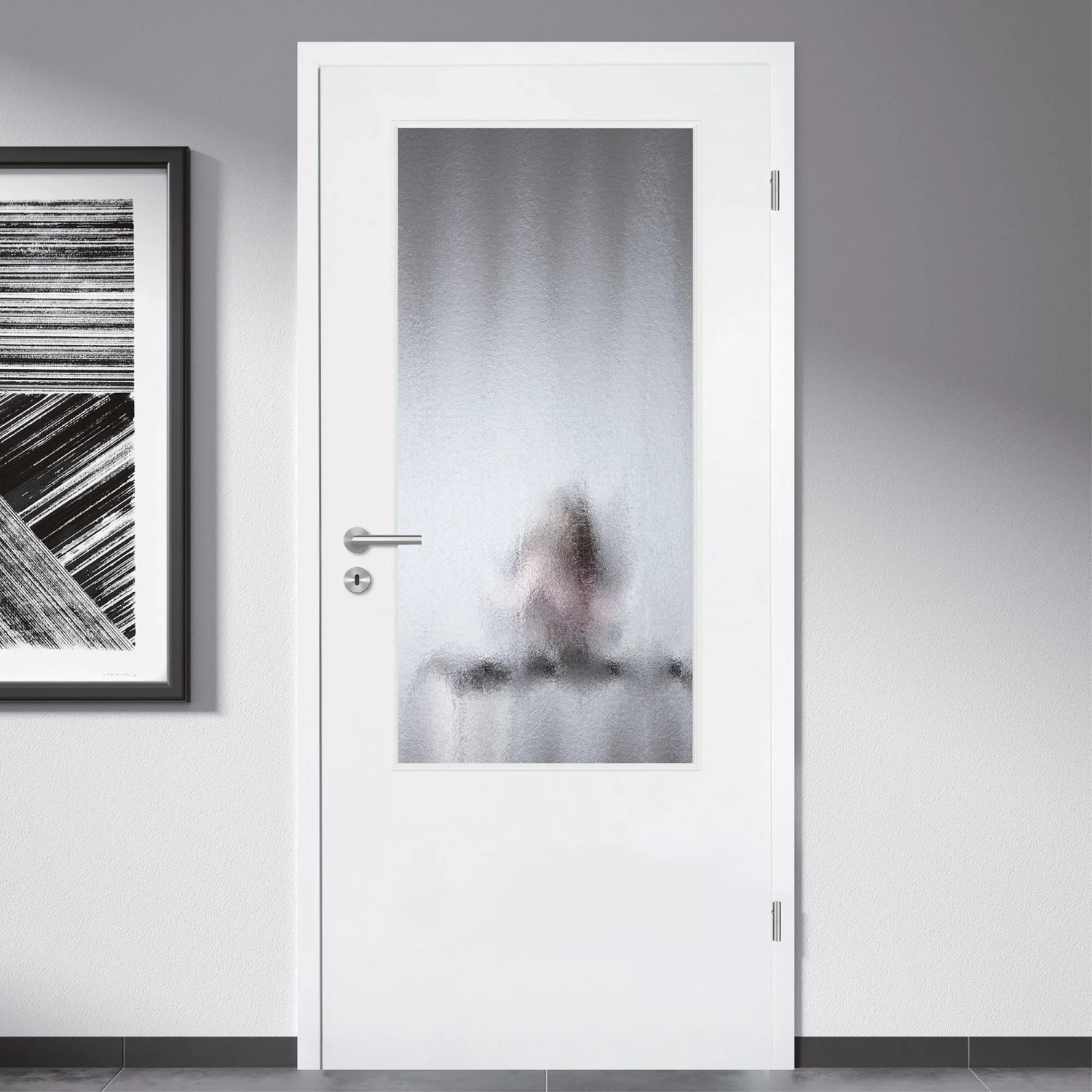 Weißer Skyscope Portal Glaseinsatz ESG Chinchilla in Holztür, 41x142 cm, für Privatsphäre.